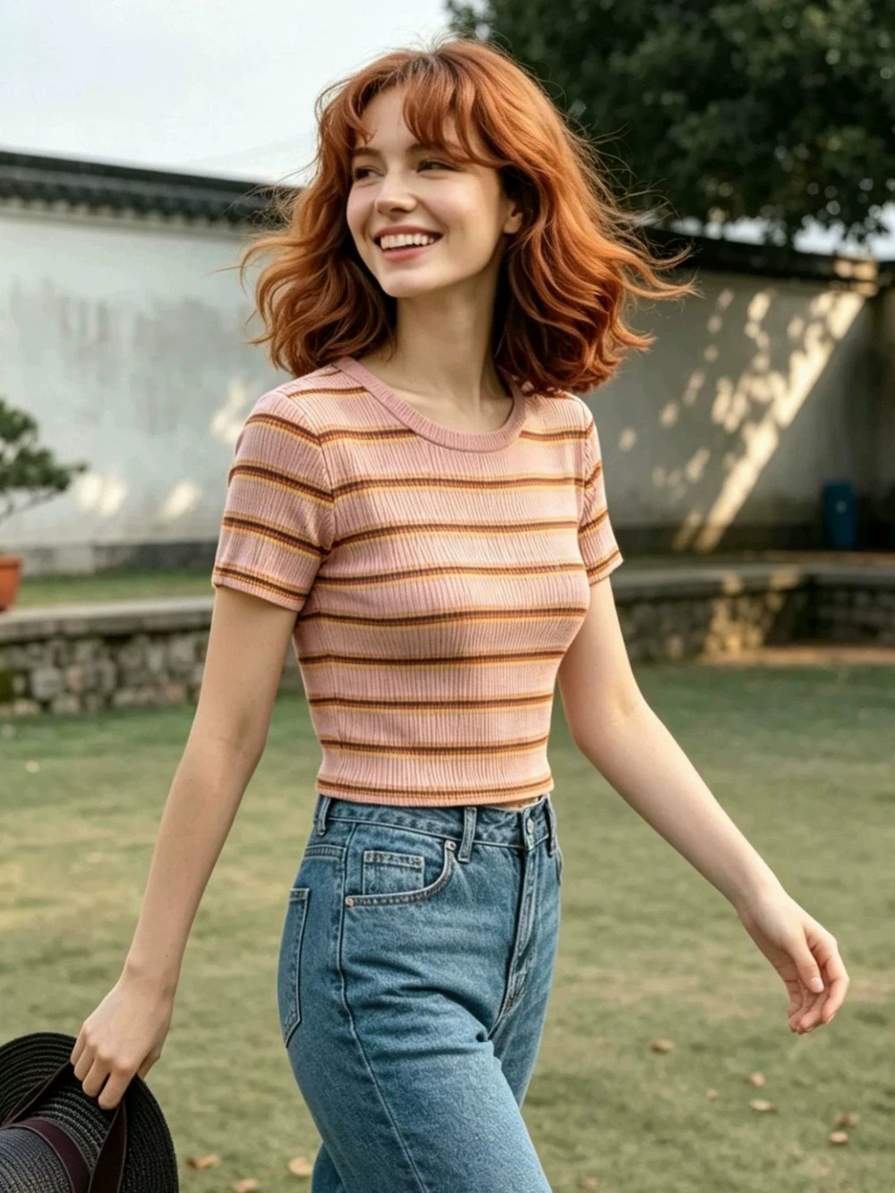 Zara Yarn Dyed Striped Ribbed Crop Top Slim Short Sleeve Basic Tee